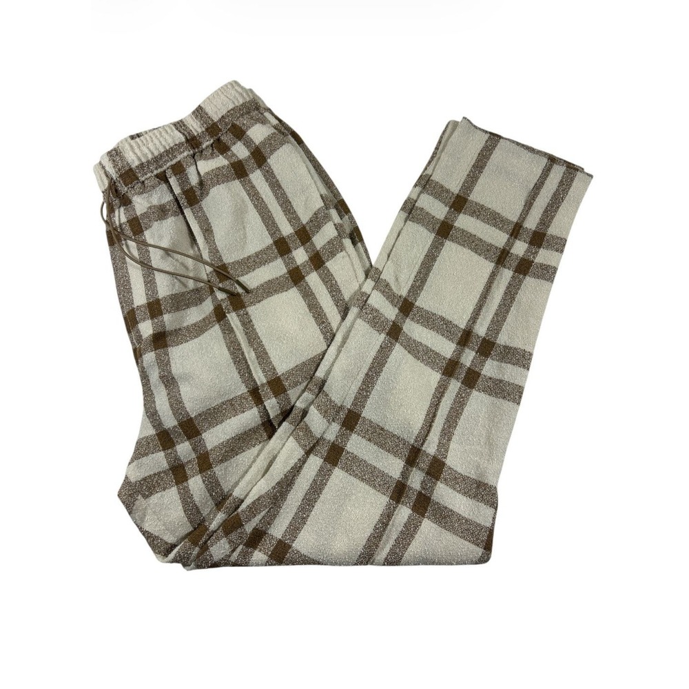 ASOS DESIGN Women Cream Brown Plaid Tapered Trousers Elastic Waist W34 L32